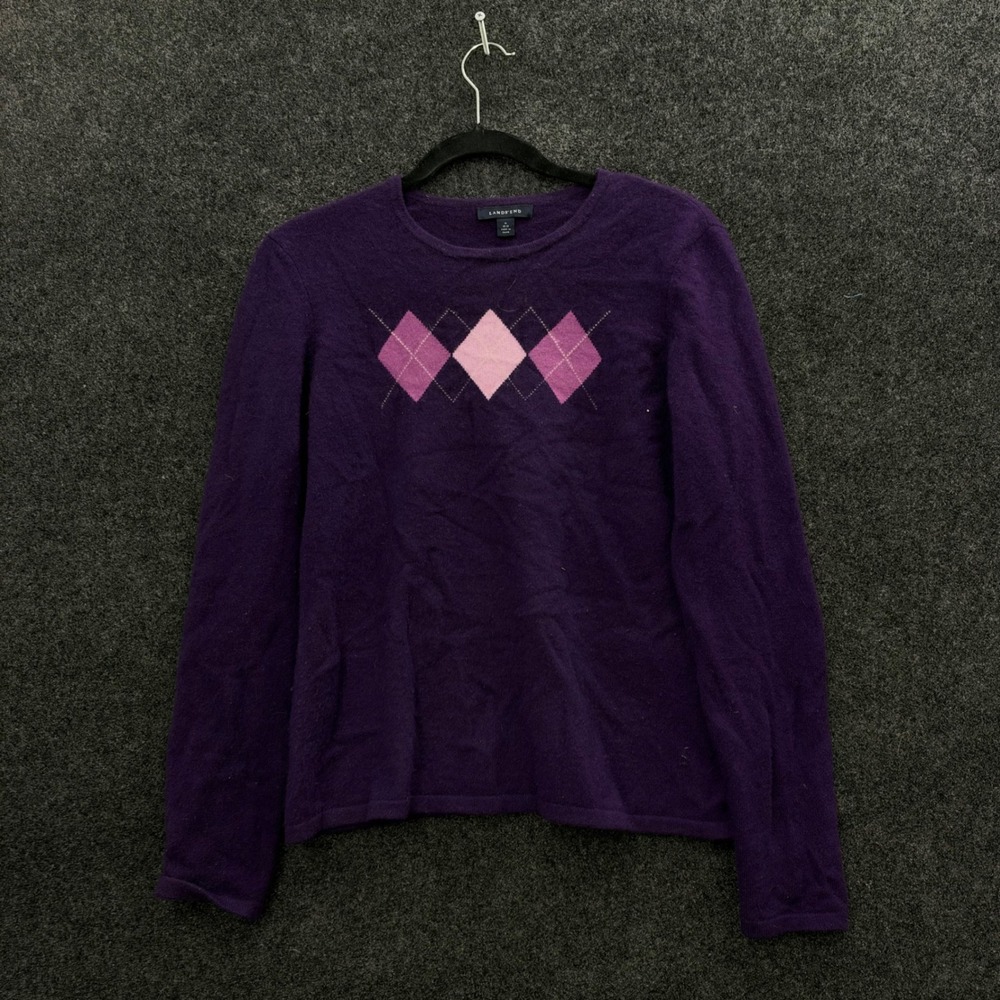 Lands End Vintage 100% Cashmere Purple Argyle Crewneck Sweater Womens Medium
